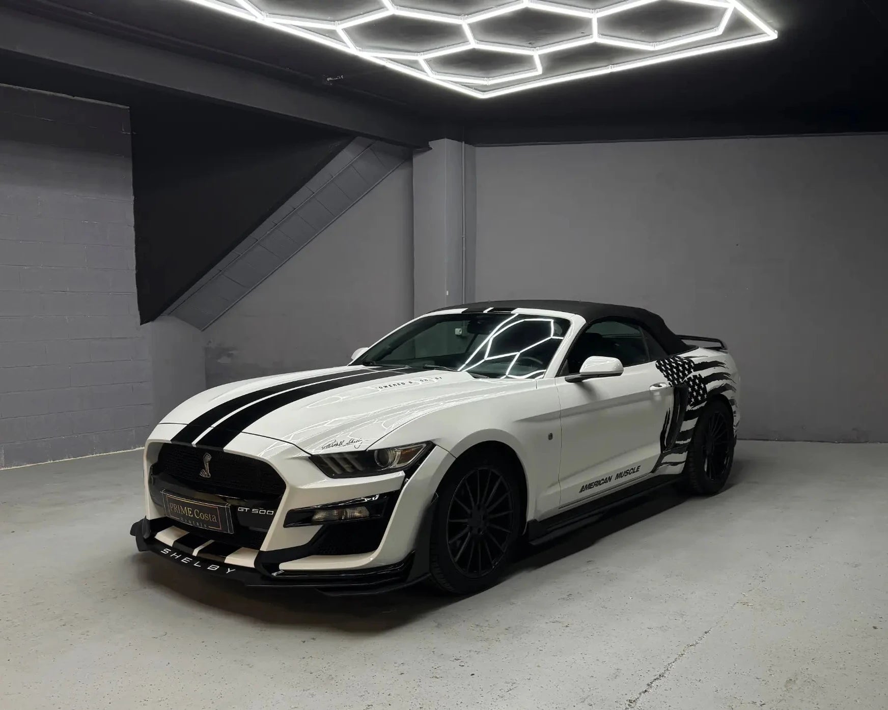 White Ford Mustang Shelby convertible available for car hire in Costa Blanca Spain