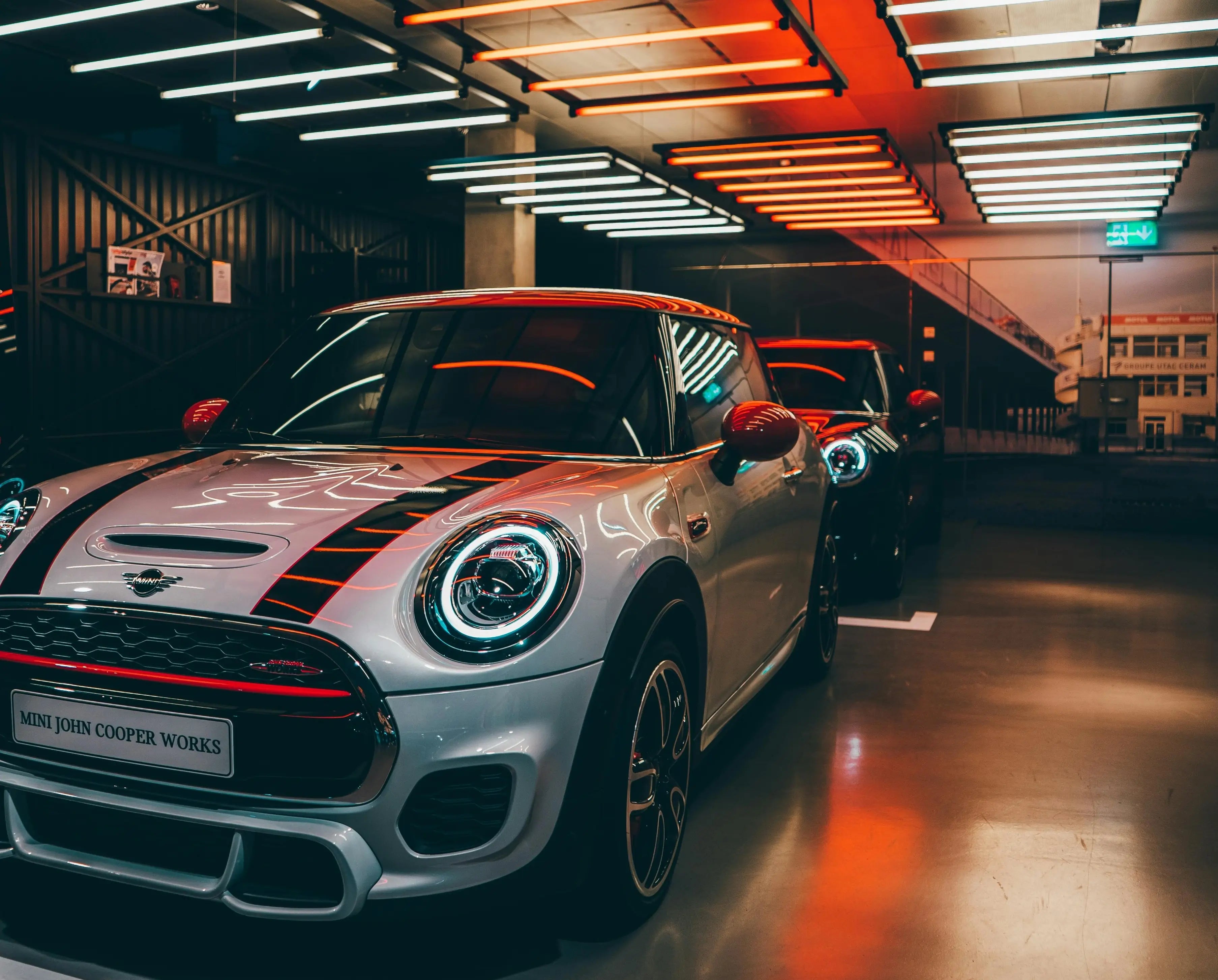 Shiny Mini Cooper car in the garage