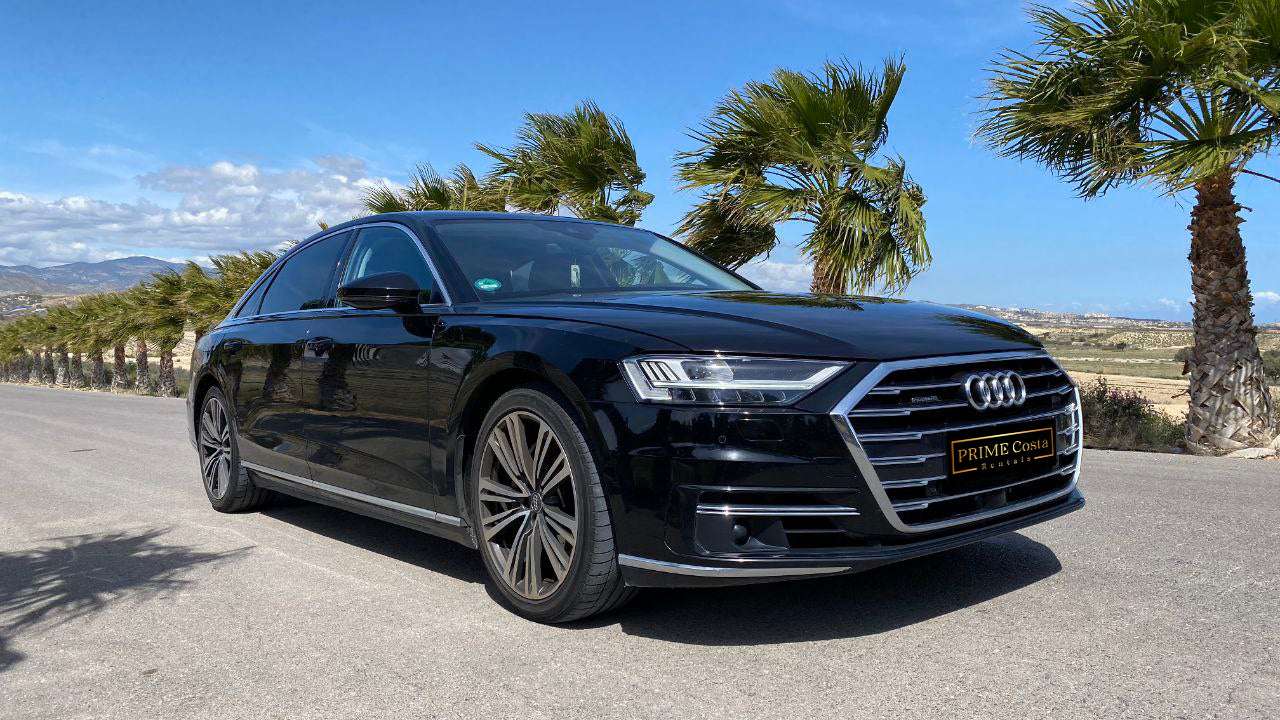 Audi A8 Long luxury executive sedan for rent in Alicante – extended comfort, automatic transmission, premium class.