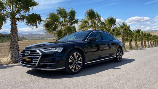 Audi A8 Long luxury executive sedan for rent in Alicante – extended comfort, automatic transmission, premium class.