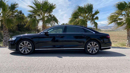 Audi A8 Long luxury executive sedan for rent in Alicante – extended comfort, automatic transmission, premium class.