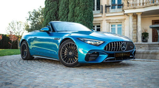 Mercedes-Benz SL43 AMG convertible for rent in Alicante – 2.0L turbo luxury sports car, premium interior.