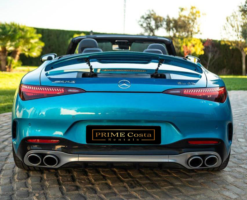 Mercedes-Benz SL43 AMG convertible for rent in Alicante – 2.0L turbo luxury sports car, premium interior.