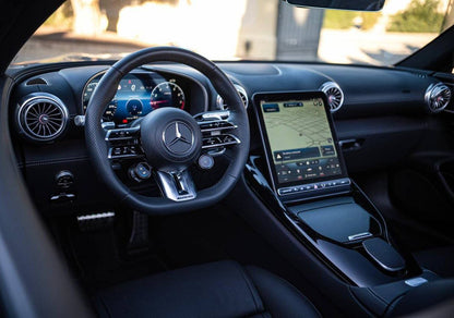 Mercedes-Benz SL43 AMG convertible for rent in Alicante – 2.0L turbo luxury sports car, premium interior.