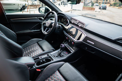 Audi RSQ3 sporty SUV for rent in Alicante – 2.5L turbo engine, 400 HP, quattro AWD performance.
