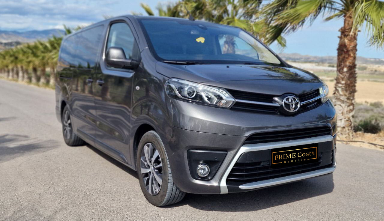 Toyota ProAce VIP luxury van for rent in Alicante – executive design, 250 km/day included.
