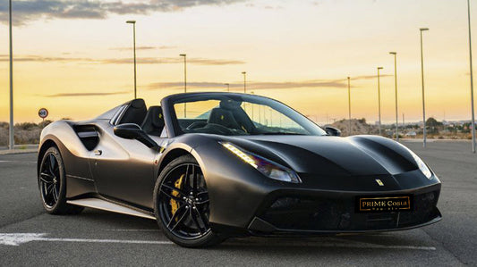 Red Ferrari 488 Spider convertible for rent in Marbella – 670 HP, twin-turbo V8, automatic, 2 seats.
