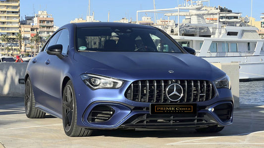 Mercedes-Benz CLA 45 AMG sports sedan for rent in Alicante – 381 HP turbocharged, luxury design, AWD.