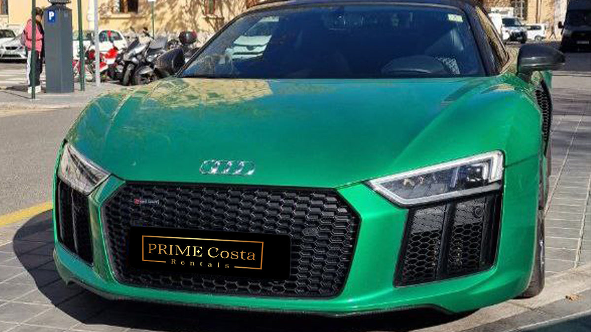 Audi R8 V10 sports car for rent in Alicante – luxury coupe, automatic, Quattro AWD, 0–100 km/h in 3.2 sec.